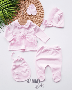 Jolie Lace Laura Hat 5 Piece Newborn Set - PINK