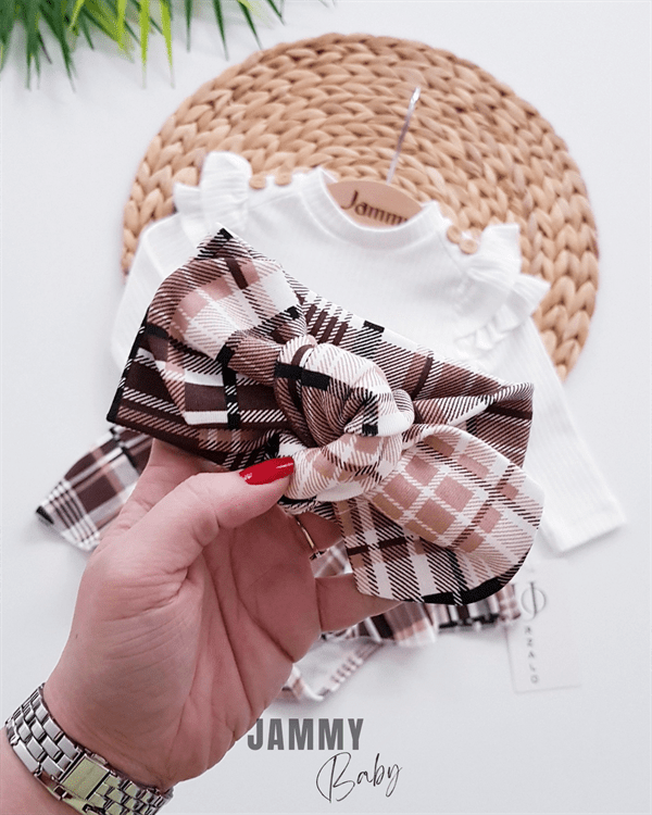 Plaid Pattern Shoulder Ruffle Bandana Bodysuit Dress Set - EKRU - Jammy Baby Canada
