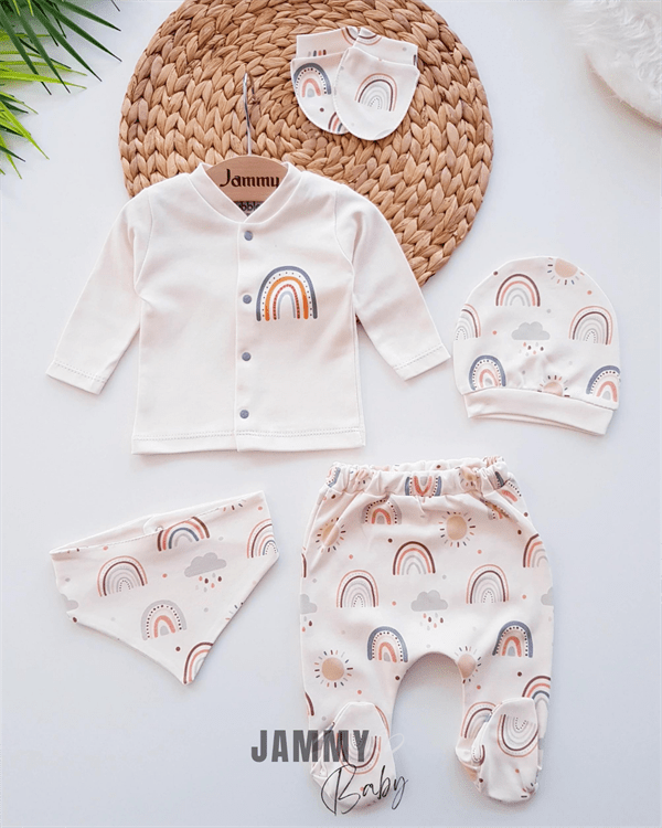 Rainbow Themed 5 Piece Newborn Set - CREAM - Jammy Baby Canada