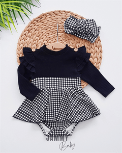 Houndstooth Pattern Shoulder Ruffle Bandana Bodysuit Dress Set-BLACK