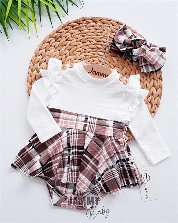 Plaid Pattern Shoulder Ruffle Bandana Bodysuit Dress Set - EKRU - Jammy Baby Canada