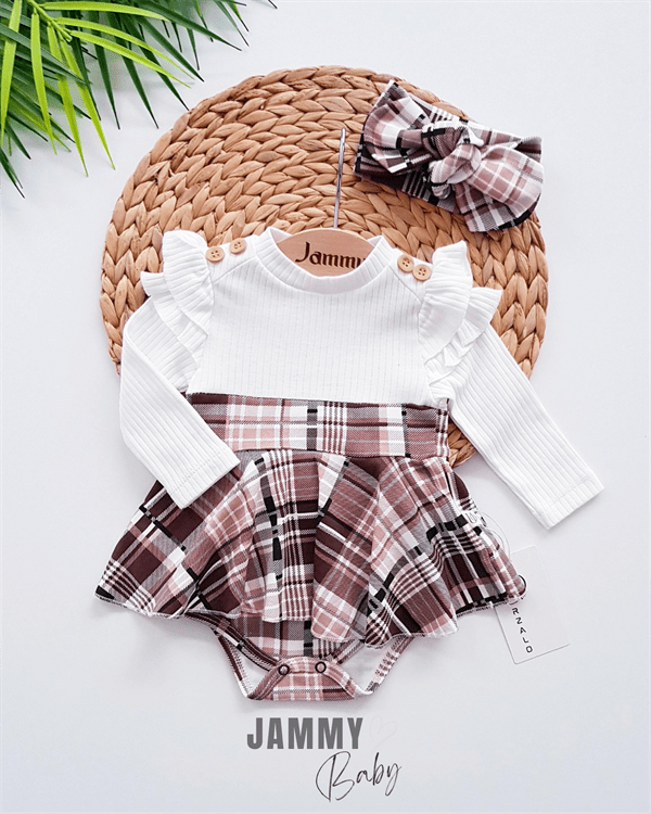 Plaid Pattern Shoulder Ruffle Bandana Bodysuit Dress Set - EKRU - Jammy Baby Canada