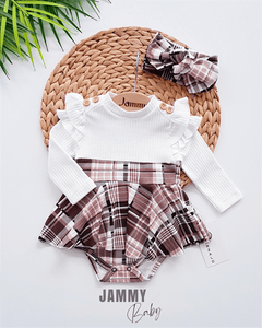 Plaid Pattern Shoulder Ruffle Bandana Bodysuit Dress Set-EKRU