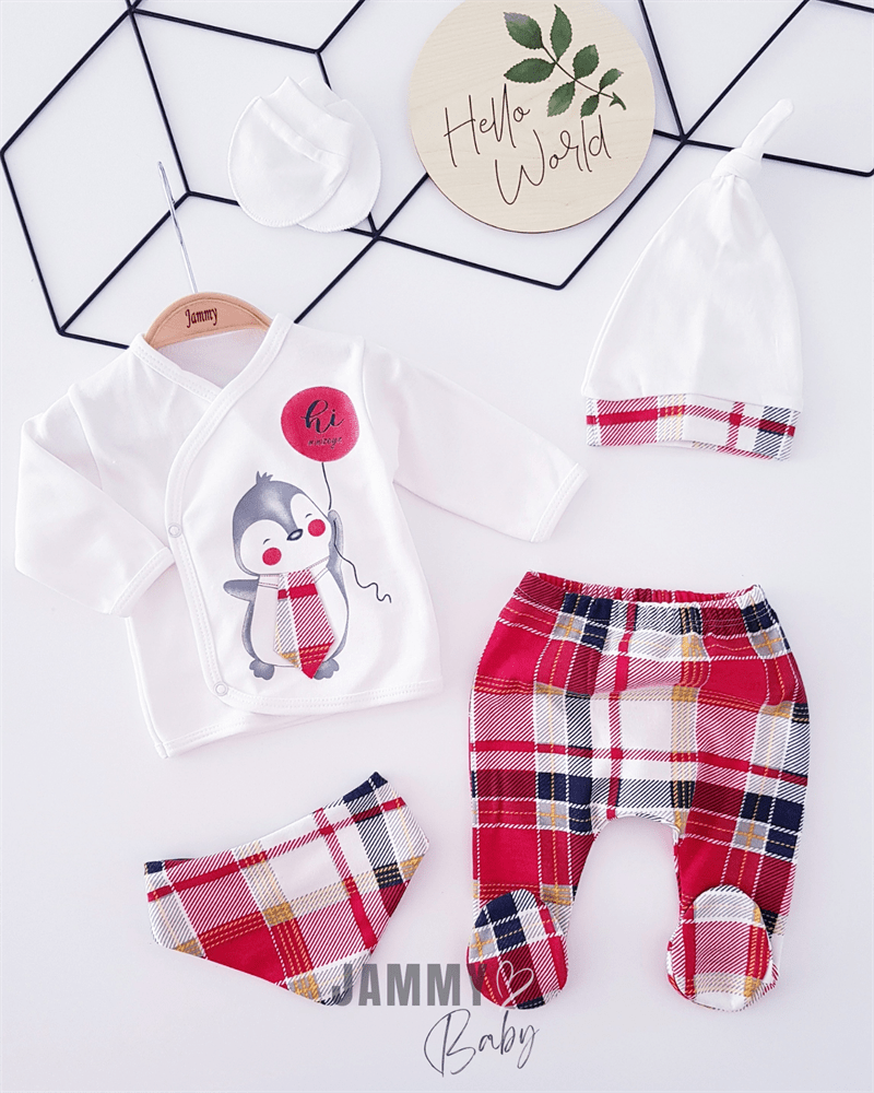 Plaid Penguin 5 Piece Newborn Set - RED - Jammy Baby Canada