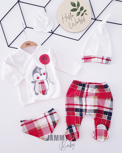 Plaid Penguin 5 Piece Newborn Set-RED