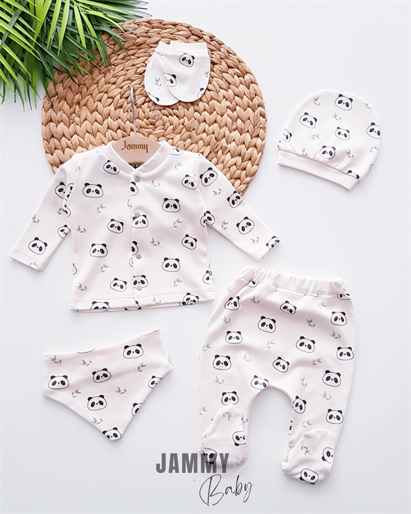 Panda Themed Ribbed 5 Piece Newborn Set - CREAM - Jammy Baby Canada