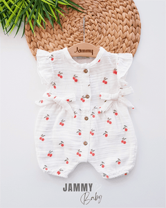 Ponpon Kirazlı Müslin Tulum-BEYAZ