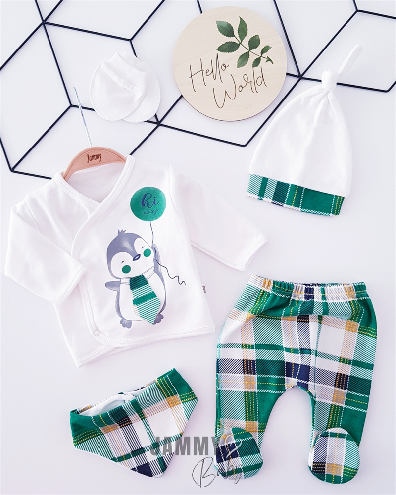Plaid Penguin 5 Piece Newborn Set-GREEN