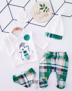 Plaid Penguin 5 Piece Newborn Set-GREEN