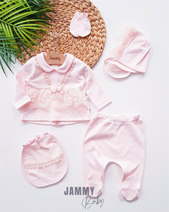 Jolie Lace Laura Hat 5 Piece Newborn Set - SALMON