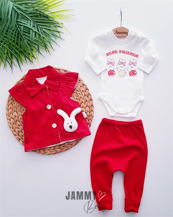 Ensemble 3 pièces gilet lapin à paillettes-ROUGE