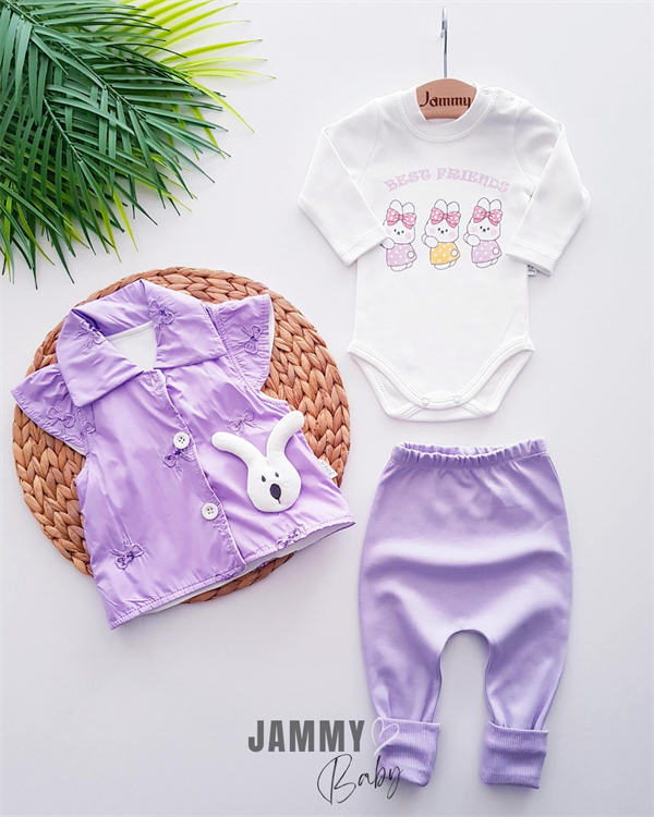 Ensemble 3 pièces gilet lapin à paillettes-LILA