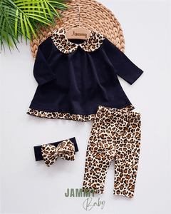 Eliza Leopard Fluffy Bandana Set-BLACK