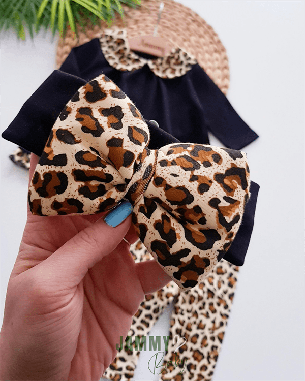 Eliza Leopard Fluffy Bandana Set-BLACK