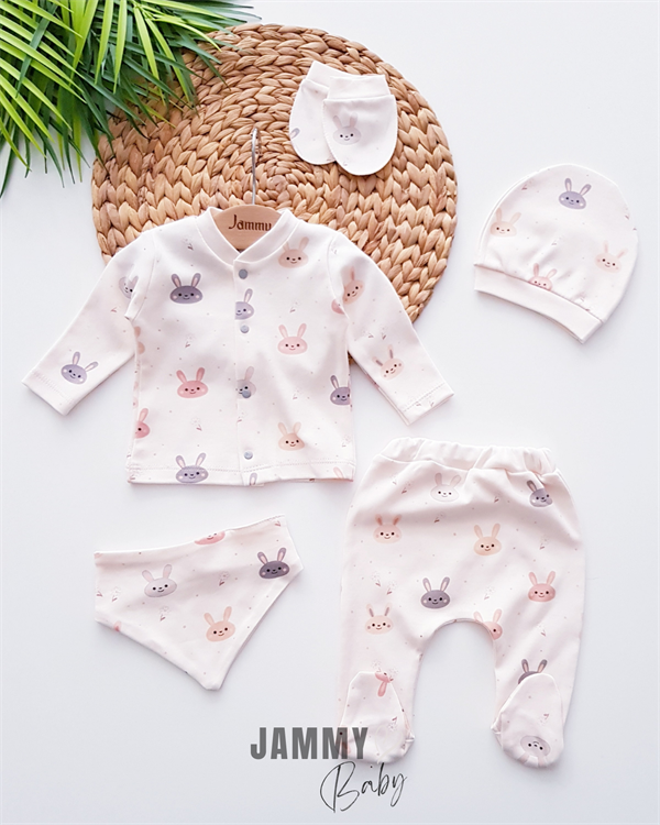 Rabbit Themed Ribbed 5 Piece Newborn Set - CREAM